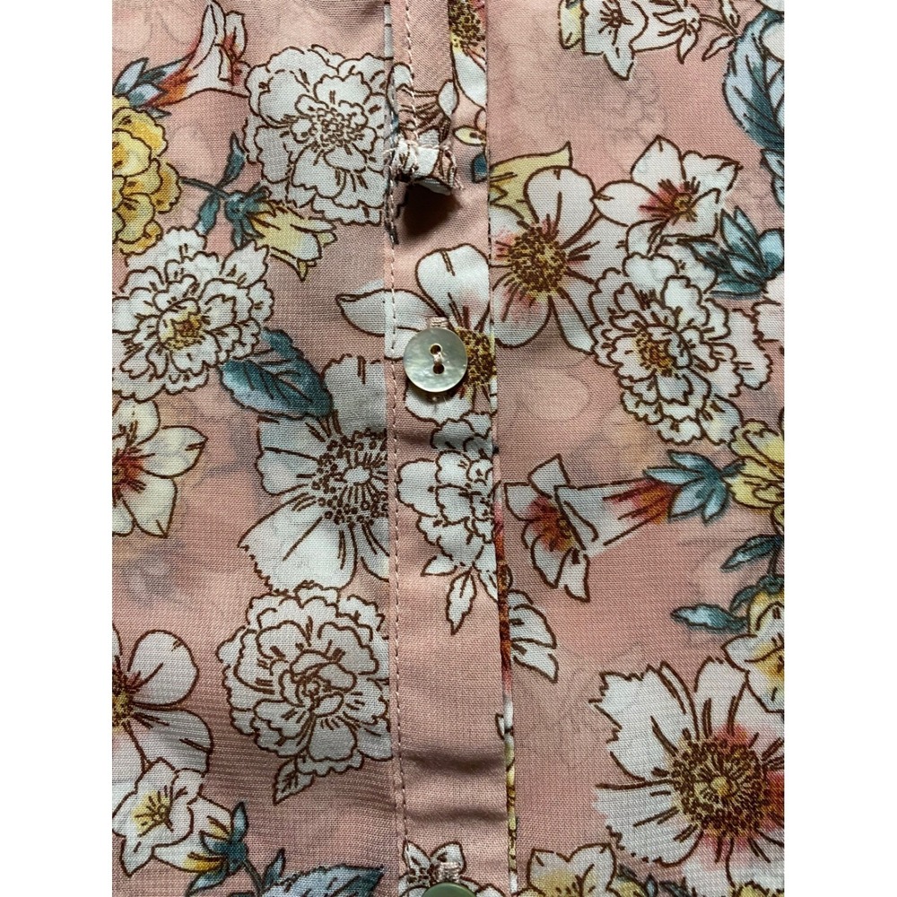 Astrologie Pink Floral Peasant Blouse XL Button Front Smocked Cuff Ruffle Neck - Picture 4 of 5